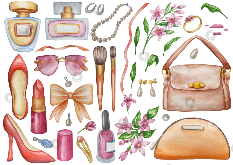 Скачать Набор женских аксессуаров, выполненных акварелью. Косметика, обувь, духи, платье, сумка, солнцезащитные очки, польский клипарт. Для наклеек для ежедневника, текстильных принтов, поделок. фотосток Ozero