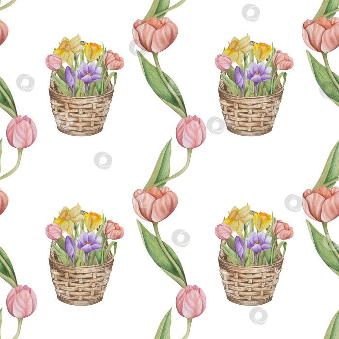 Скачать Традиционный набор праздничных элементов декора "Пасхальный цветок". Акварельная иллюстрация. Разноцветные яйца, узелки, весенние садовые цветы и корзина. Пасхальный набор украшений для букетов, венков, открыток, поздравлений. фотосток Ozero