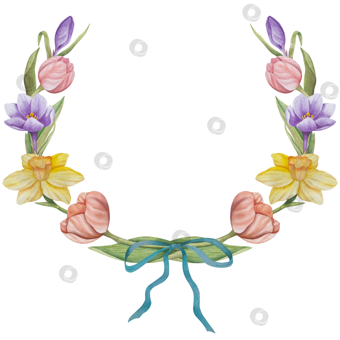 Скачать Традиционный набор праздничных элементов декора "Пасхальный цветок". Акварельная иллюстрация. Разноцветные яйца, узелки, весенние садовые цветы и корзина. Пасхальный набор украшений для букетов, венков, открыток, поздравлений. фотосток Ozero