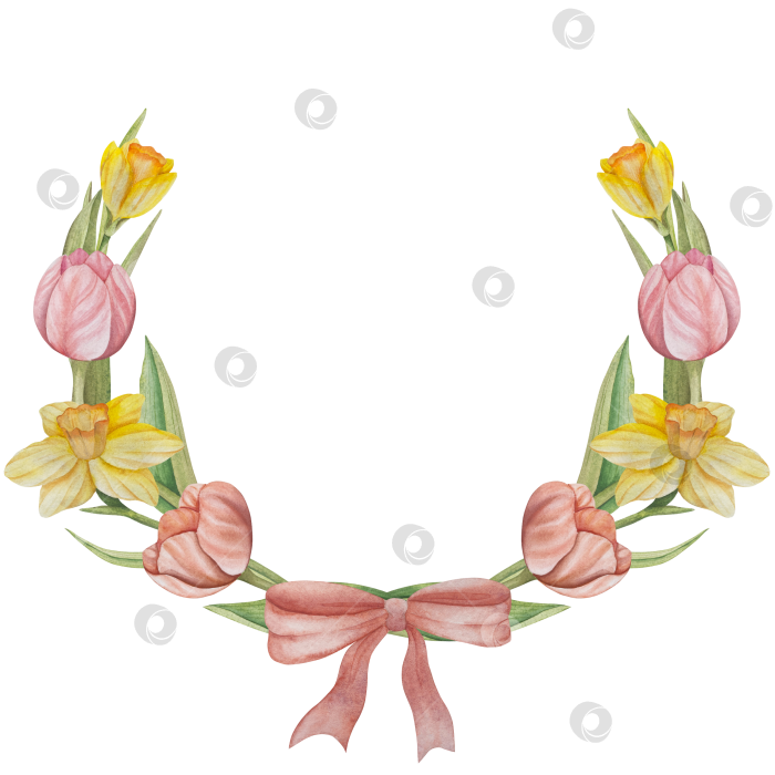 Скачать Традиционный набор праздничных элементов декора "Пасхальный цветок". Акварельная иллюстрация. Разноцветные яйца, узелки, весенние садовые цветы и корзина. Пасхальный набор украшений для букетов, венков, открыток, поздравлений. фотосток Ozero