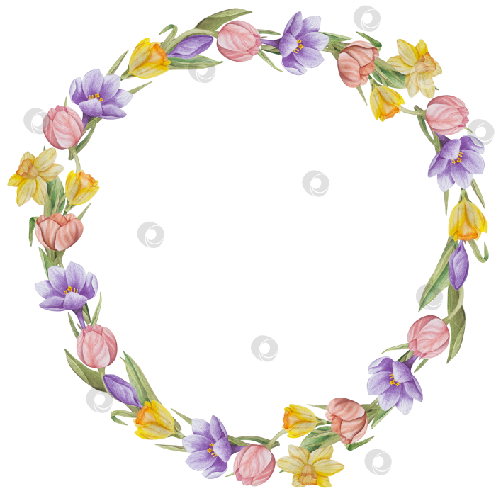 Скачать Традиционный набор праздничных элементов декора "Пасхальный цветок". Акварельная иллюстрация. Разноцветные яйца, узелки, весенние садовые цветы и корзина. Пасхальный набор украшений для букетов, венков, открыток, поздравлений. фотосток Ozero