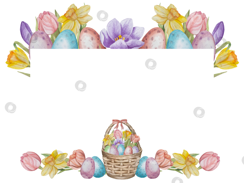 Скачать Традиционный набор праздничных элементов декора "Пасхальный цветок". Акварельная иллюстрация. Разноцветные яйца, узелки, весенние садовые цветы и корзина. Пасхальный набор украшений для букетов, венков, открыток, поздравлений. фотосток Ozero