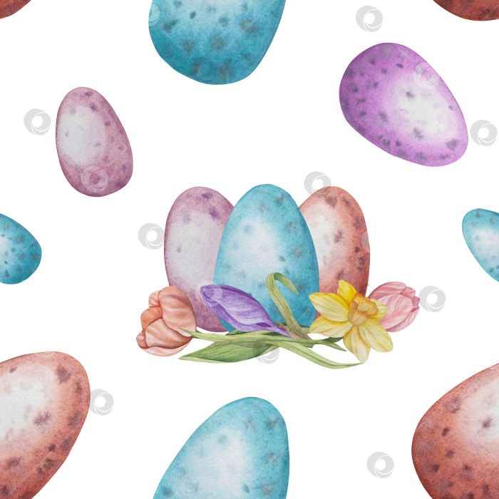 Скачать Традиционный набор праздничных элементов декора "Пасхальный цветок". Акварельная иллюстрация. Разноцветные яйца, узелки, весенние садовые цветы и корзина. Пасхальный набор украшений для букетов, венков, открыток, поздравлений. фотосток Ozero