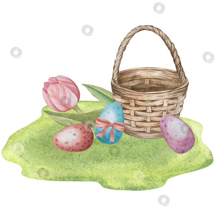 Скачать Традиционный набор праздничных элементов декора "Пасхальный цветок". Акварельная иллюстрация. Разноцветные яйца, узелки, весенние садовые цветы и корзина. Пасхальный набор украшений для букетов, венков, открыток, поздравлений. фотосток Ozero