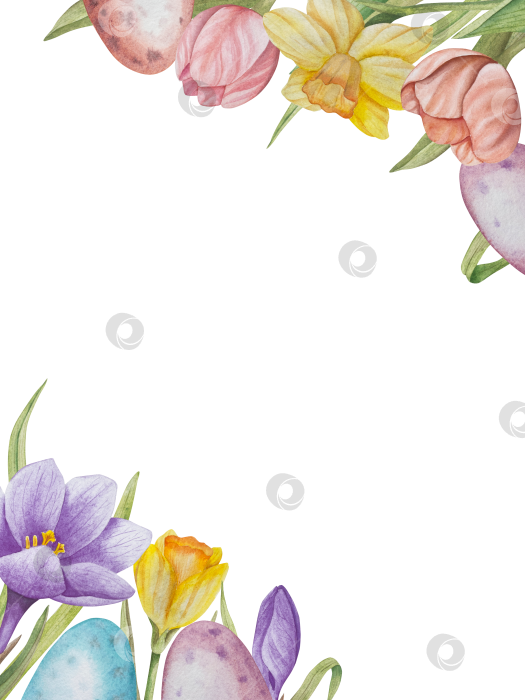Скачать Традиционный набор праздничных элементов декора "Пасхальный цветок". Акварельная иллюстрация. Разноцветные яйца, узелки, весенние садовые цветы и корзина. Пасхальный набор украшений для букетов, венков, открыток, поздравлений. фотосток Ozero