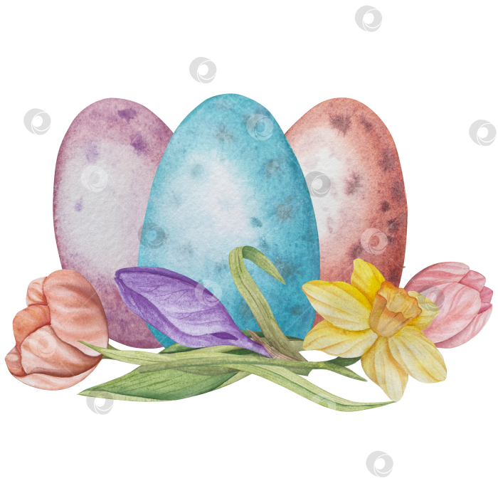 Скачать Традиционный набор праздничных элементов декора "Пасхальный цветок". Акварельная иллюстрация. Разноцветные яйца, узелки, весенние садовые цветы и корзина. Пасхальный набор украшений для букетов, венков, открыток, поздравлений. фотосток Ozero