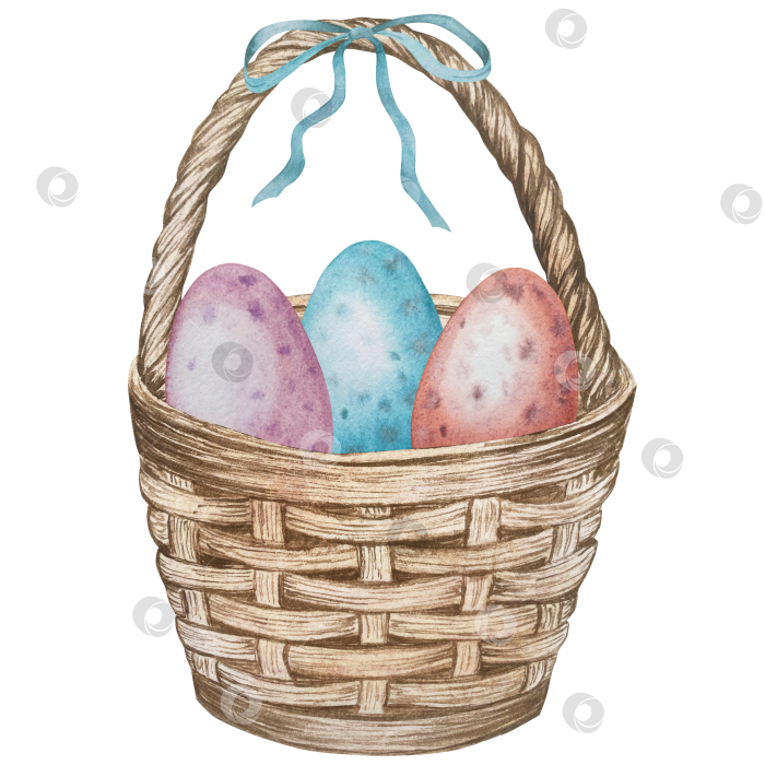 Скачать Традиционный набор праздничных элементов декора "Пасхальный цветок". Акварельная иллюстрация. Разноцветные яйца, узелки, весенние садовые цветы и корзина. Пасхальный набор украшений для букетов, венков, открыток, поздравлений. фотосток Ozero