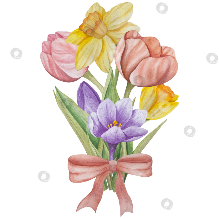 Скачать Традиционный набор праздничных элементов декора "Пасхальный цветок". Акварельная иллюстрация. Разноцветные яйца, узелки, весенние садовые цветы и корзина. Пасхальный набор украшений для букетов, венков, открыток, поздравлений. фотосток Ozero