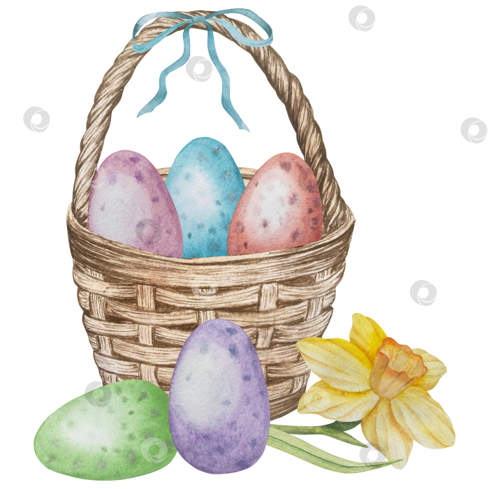 Скачать Традиционный набор праздничных элементов декора "Пасхальный цветок". Акварельная иллюстрация. Разноцветные яйца, узелки, весенние садовые цветы и корзина. Пасхальный набор украшений для букетов, венков, открыток, поздравлений. фотосток Ozero