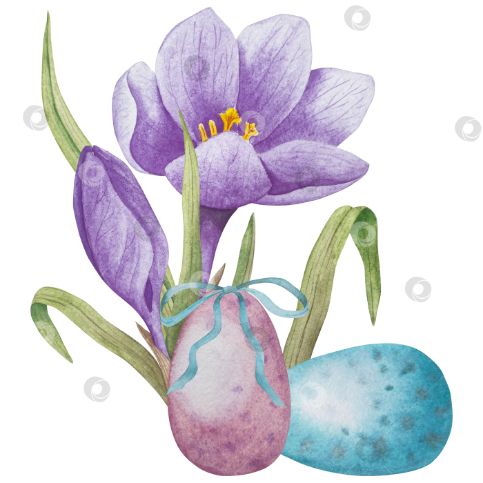 Скачать Традиционный набор праздничных элементов декора "Пасхальный цветок". Акварельная иллюстрация. Разноцветные яйца, узелки, весенние садовые цветы и корзина. Пасхальный набор украшений для букетов, венков, открыток, поздравлений. фотосток Ozero