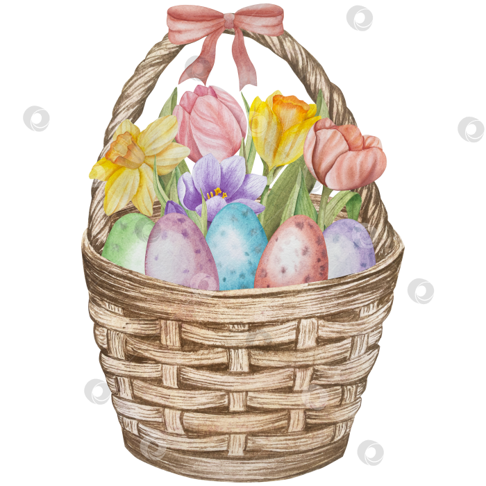 Скачать Традиционный набор праздничных элементов декора "Пасхальный цветок". Акварельная иллюстрация. Разноцветные яйца, узелки, весенние садовые цветы и корзина. Пасхальный набор украшений для букетов, венков, открыток, поздравлений. фотосток Ozero
