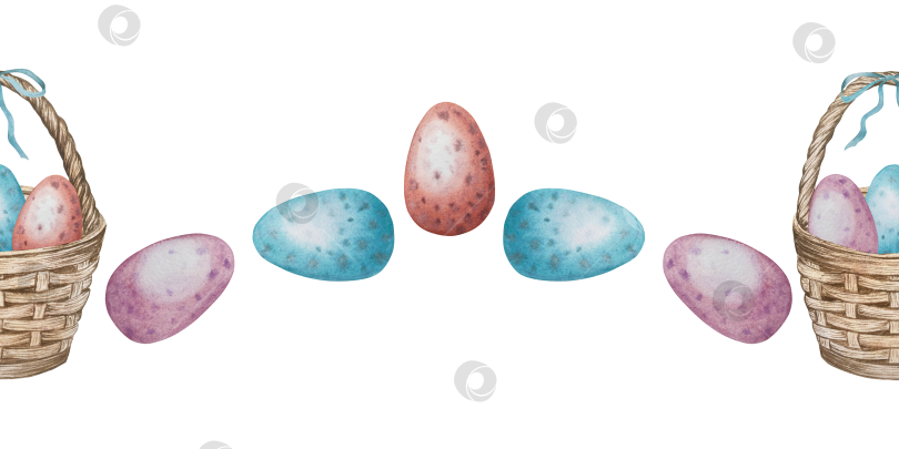 Скачать Традиционный набор праздничных элементов декора "Пасхальный цветок". Акварельная иллюстрация. Разноцветные яйца, узелки, весенние садовые цветы и корзина. Пасхальный набор украшений для букетов, венков, открыток, поздравлений. фотосток Ozero