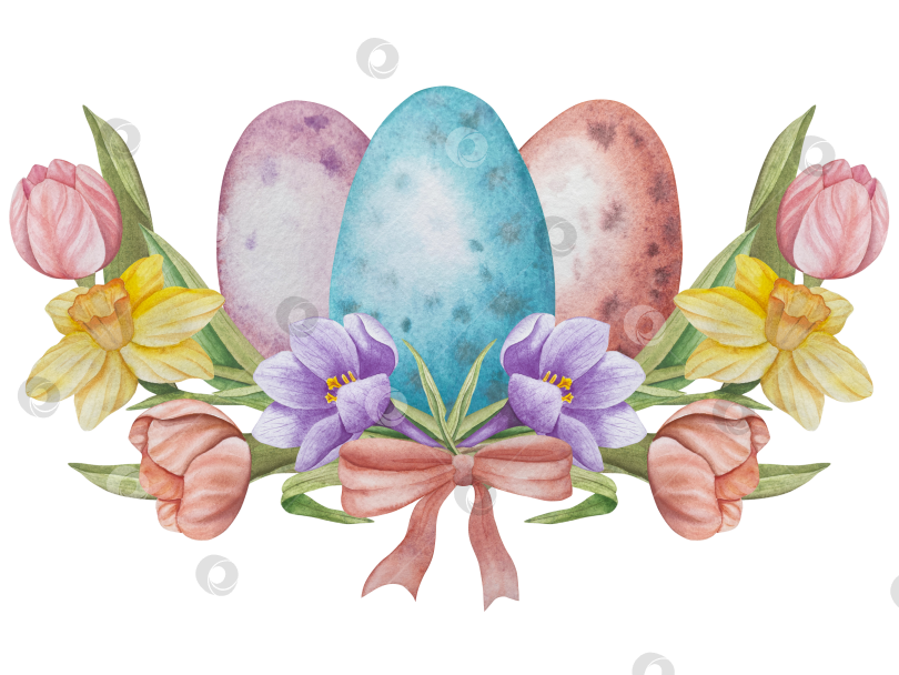 Скачать Традиционный набор праздничных элементов декора "Пасхальный цветок". Акварельная иллюстрация. Разноцветные яйца, узелки, весенние садовые цветы и корзина. Пасхальный набор украшений для букетов, венков, открыток, поздравлений. фотосток Ozero