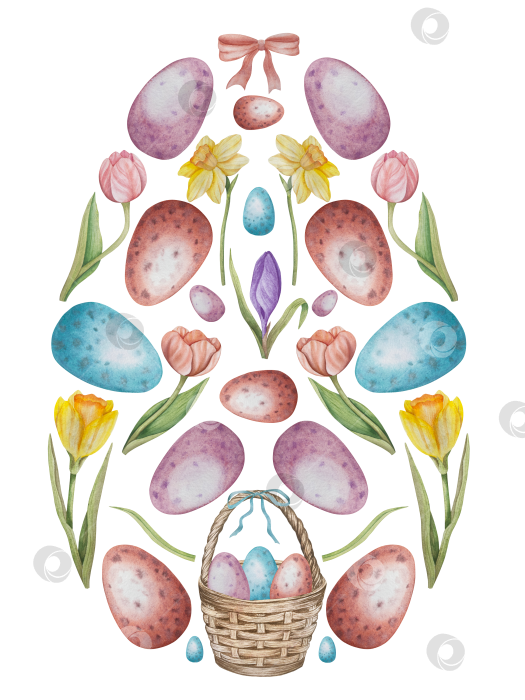 Скачать Традиционный набор праздничных элементов декора "Пасхальный цветок". Акварельная иллюстрация. Разноцветные яйца, узелки, весенние садовые цветы и корзина. Пасхальный набор украшений для букетов, венков, открыток, поздравлений. фотосток Ozero