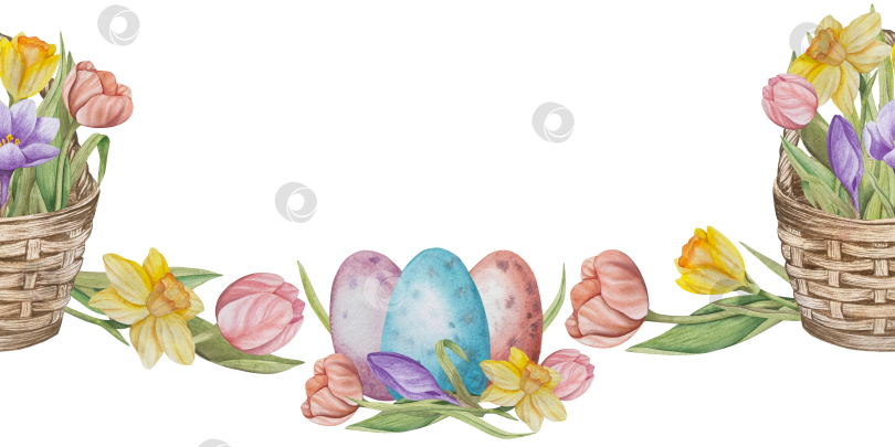 Скачать Традиционный набор праздничных элементов декора "Пасхальный цветок". Акварельная иллюстрация. Разноцветные яйца, узелки, весенние садовые цветы и корзина. Пасхальный набор украшений для букетов, венков, открыток, поздравлений. фотосток Ozero