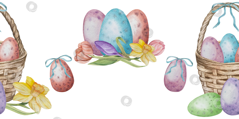 Скачать Традиционный набор праздничных элементов декора "Пасхальный цветок". Акварельная иллюстрация. Разноцветные яйца, узелки, весенние садовые цветы и корзина. Пасхальный набор украшений для букетов, венков, открыток, поздравлений. фотосток Ozero