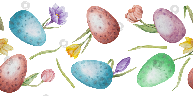 Скачать Традиционный набор праздничных элементов декора "Пасхальный цветок". Акварельная иллюстрация. Разноцветные яйца, узелки, весенние садовые цветы и корзина. Пасхальный набор украшений для букетов, венков, открыток, поздравлений. фотосток Ozero