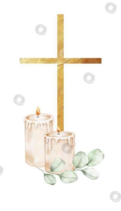 Скачать Золотой христианский крест, горящие свечи и эвкалипт. Акварельная иллюстрация для церковной открытки, памятной открытки, пасхальной иллюстрации, канцелярских принадлежностей для крещения или духовной упаковки. фотосток Ozero