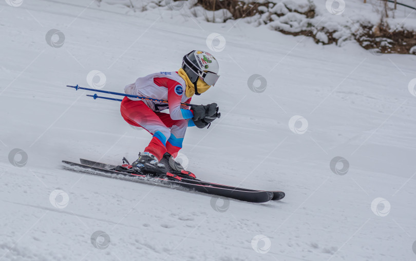 Скачать Россия, Красноярск 25 февраля 2025г. Мальчик лыжник, спускается на лыжах по снежному склону. фотосток Ozero