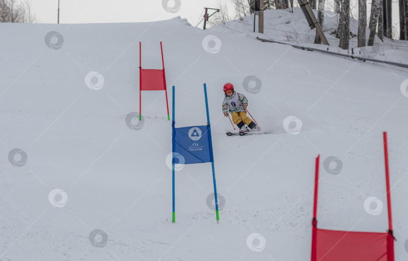 Скачать Россия, Красноярск 25 февраля 2025г. Мальчик лыжник, спускается на лыжах по снежному склону. фотосток Ozero