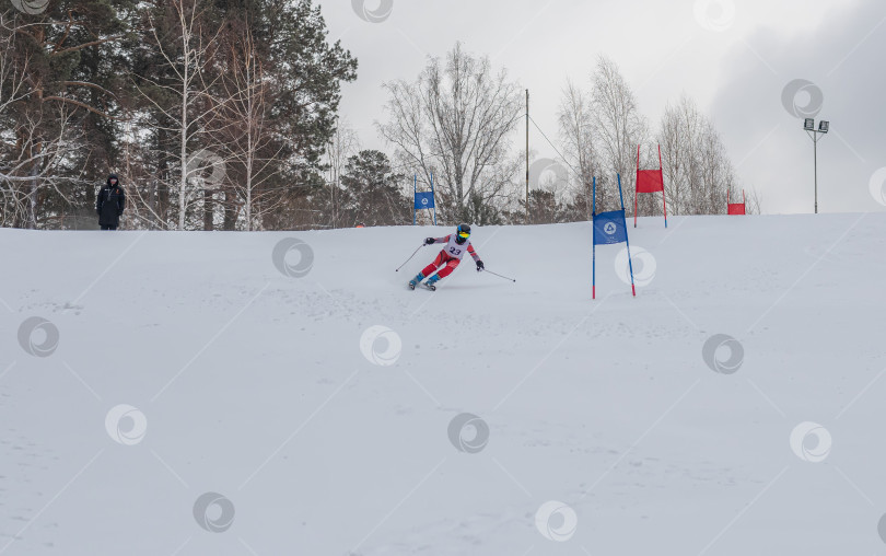 Скачать Россия, Красноярск 25 февраля 2025г. Мальчик лыжник, спускается на лыжах по снежному склону. фотосток Ozero