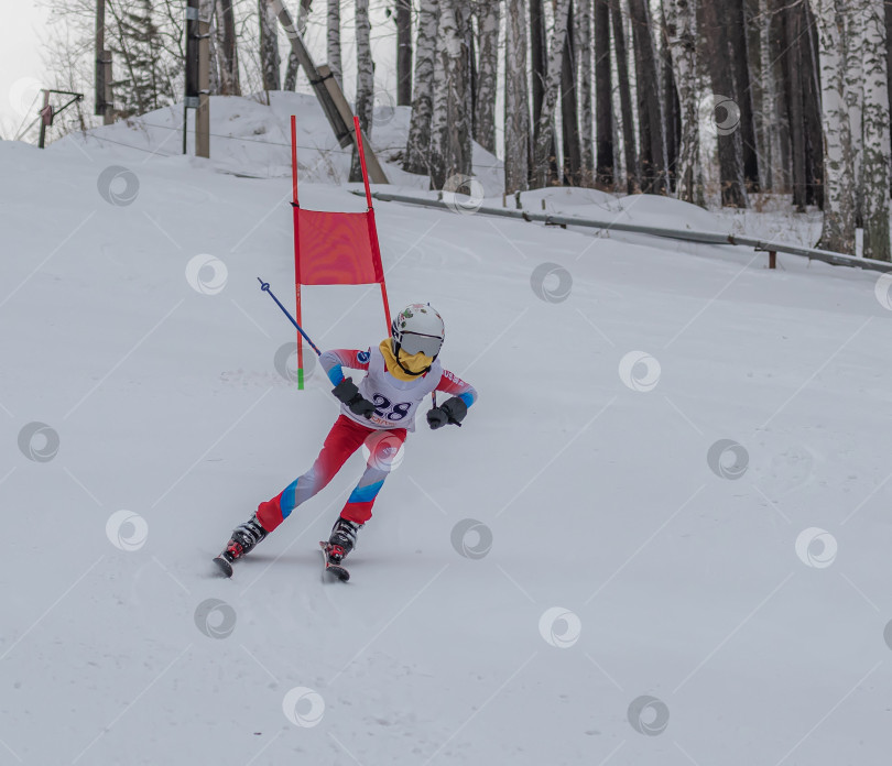 Скачать Россия, Красноярск 25 февраля 2025г. Мальчик лыжник, спускается на лыжах по снежному склону. фотосток Ozero