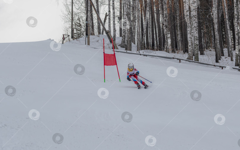 Скачать Россия, Красноярск 25 февраля 2025г. Мальчик лыжник, спускается на лыжах по снежному склону. фотосток Ozero