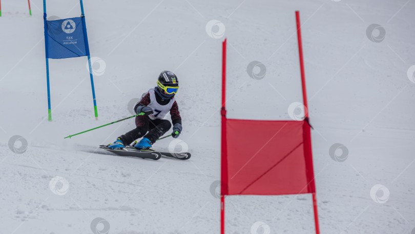 Скачать Россия, Красноярск 25 февраля 2025г. Девочка лыжница, спускается на лыжах по снежному склону. фотосток Ozero