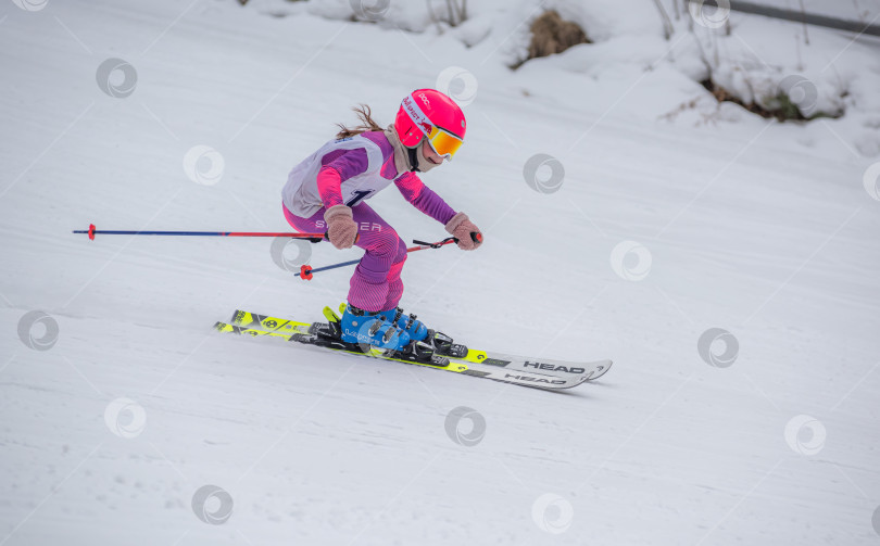 Скачать Россия, Красноярск 25 февраля 2025г. Девочка лыжница, спускается на лыжах по снежному склону. фотосток Ozero