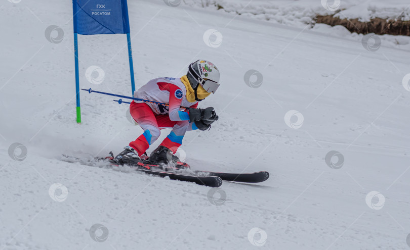 Скачать Россия, Красноярск 25 февраля 2025г. Мальчик лыжник, спускается на лыжах по снежному склону. фотосток Ozero