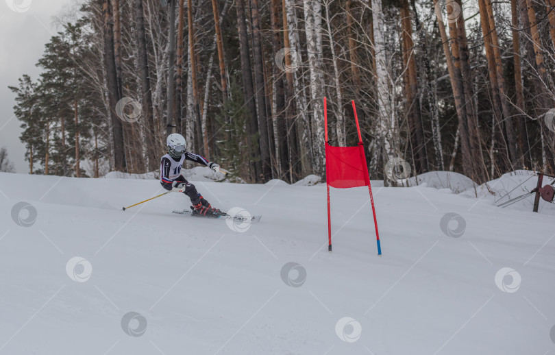Скачать Россия, Красноярск 25 февраля 2025г. Мальчик лыжник, спускается на лыжах по снежному склону. фотосток Ozero