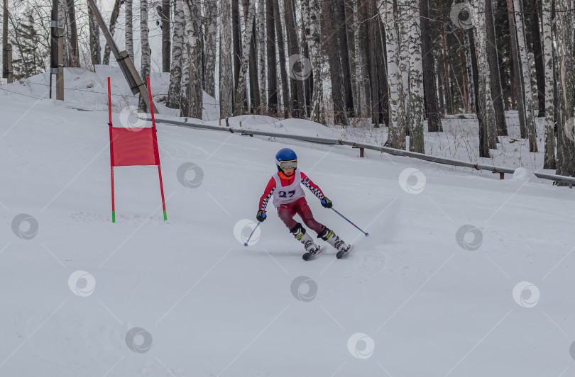Скачать Россия, Красноярск 25 февраля 2025г. Мальчик лыжник, спускается на лыжах по снежному склону. фотосток Ozero