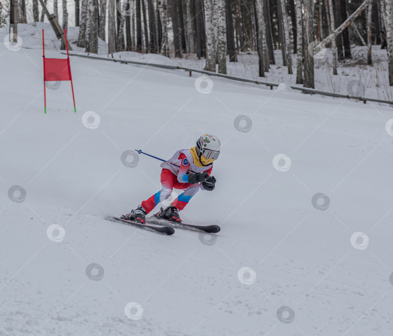 Скачать Россия, Красноярск 25 февраля 2025г. Мальчик лыжник, спускается на лыжах по снежному склону. фотосток Ozero