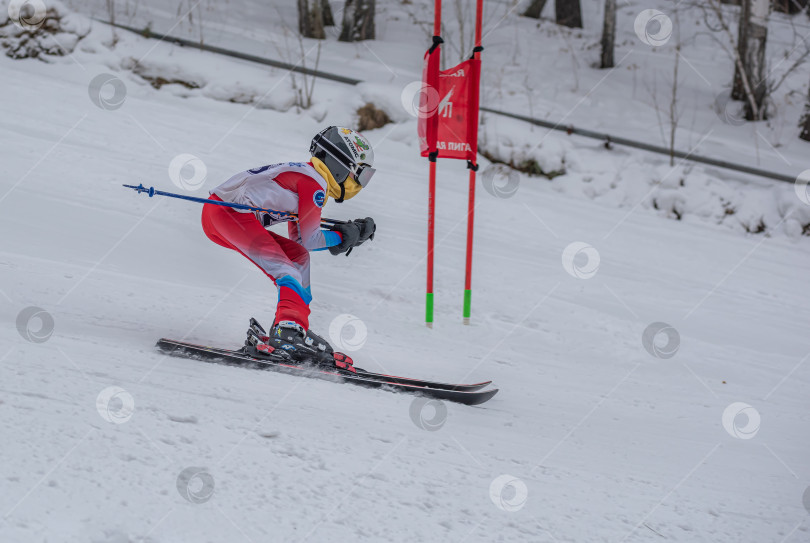 Скачать Россия, Красноярск 25 февраля 2025г. Мальчик лыжник, спускается на лыжах по снежному склону. фотосток Ozero
