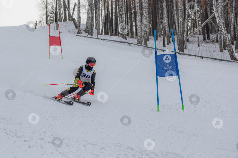 Скачать Россия, Красноярск 25 февраля 2025г. Мальчик лыжник, спускается на лыжах по снежному склону. фотосток Ozero