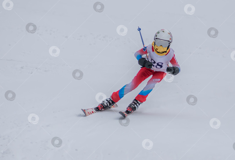 Скачать Россия, Красноярск 25 февраля 2025г. Мальчик лыжник, спускается на лыжах по снежному склону. фотосток Ozero