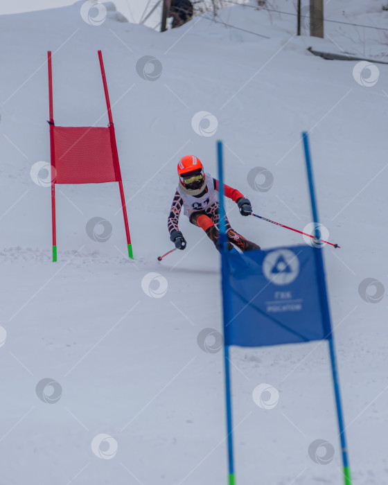 Скачать Россия, Красноярск 25 февраля 2025г. Мальчик лыжник, спускается на лыжах по снежному склону. фотосток Ozero