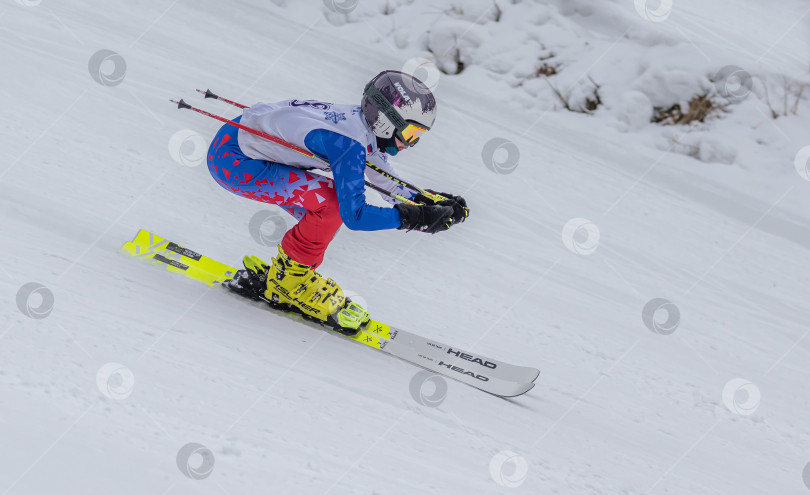 Скачать Россия, Красноярск 25 февраля 2025г. Мальчик лыжник, спускается на лыжах по снежному склону. фотосток Ozero