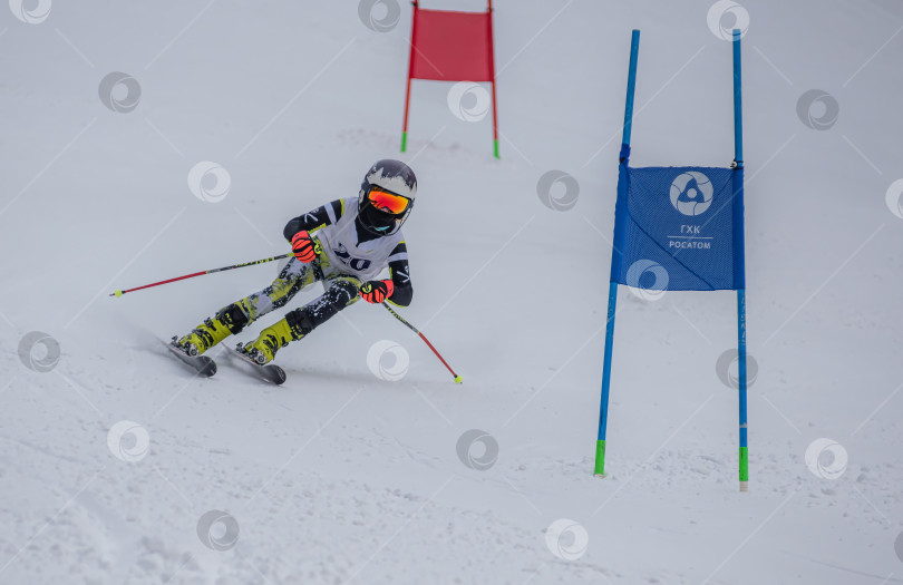 Скачать Россия, Красноярск 25 февраля 2025г. Мальчик лыжник, спускается на лыжах по снежному склону. фотосток Ozero