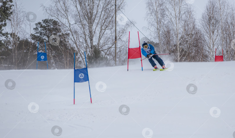 Скачать Россия, Красноярск 25 февраля 2025г. Мужчина лыжник, спускается на лыжах по снежному склону. фотосток Ozero