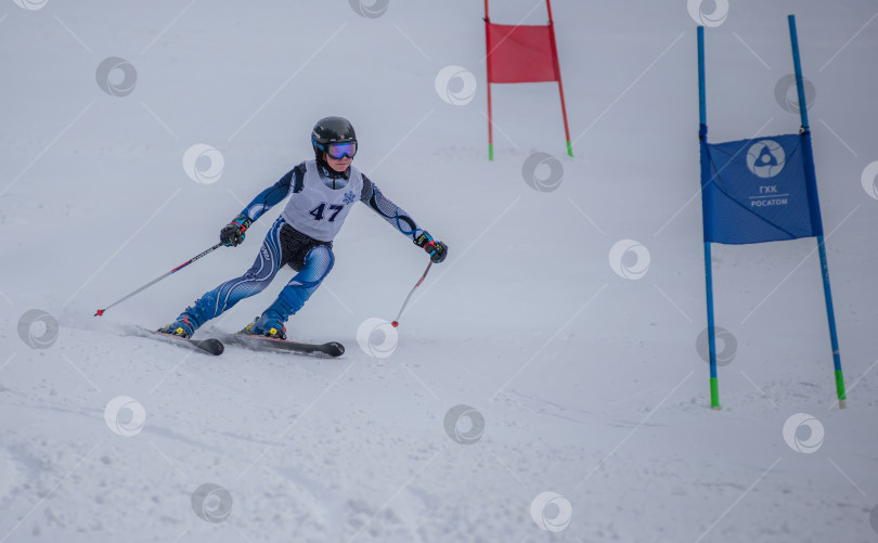 Скачать Россия, Красноярск 25 февраля 2025г. Мальчик лыжник, спускается на лыжах по снежному склону. фотосток Ozero