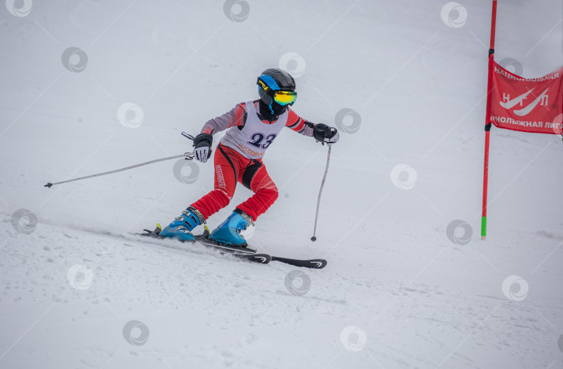 Скачать Россия, Красноярск 25 февраля 2025г. Мальчик лыжник, спускается на лыжах по снежному склону. фотосток Ozero