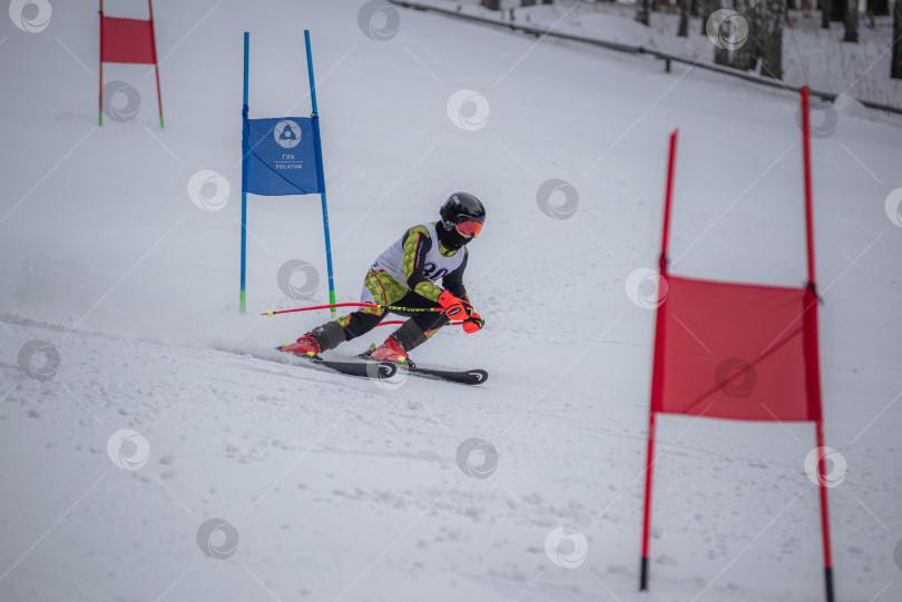 Скачать Россия, Красноярск 25 февраля 2025г. Мальчик лыжник, спускается на лыжах по снежному склону. фотосток Ozero