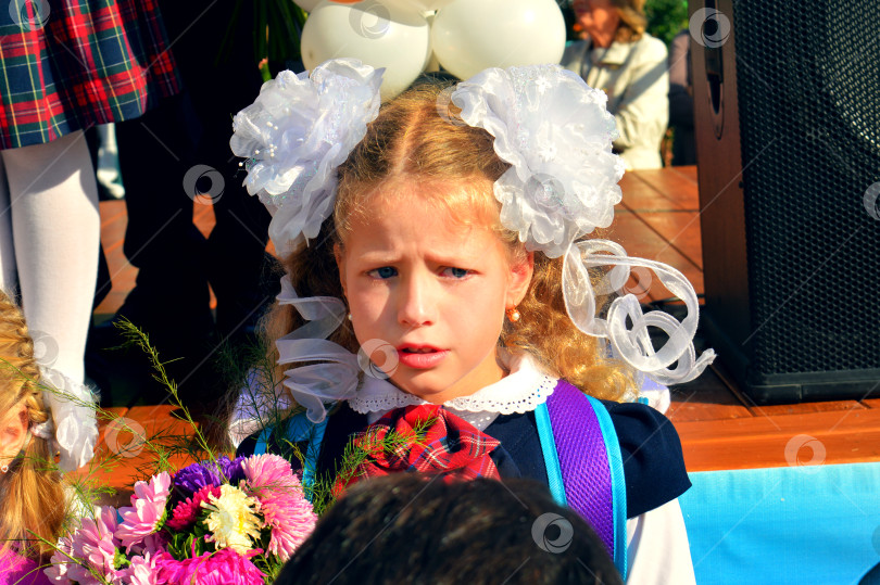 Скачать Девочка на школьной линейке в первом классе плачет фотосток Ozero