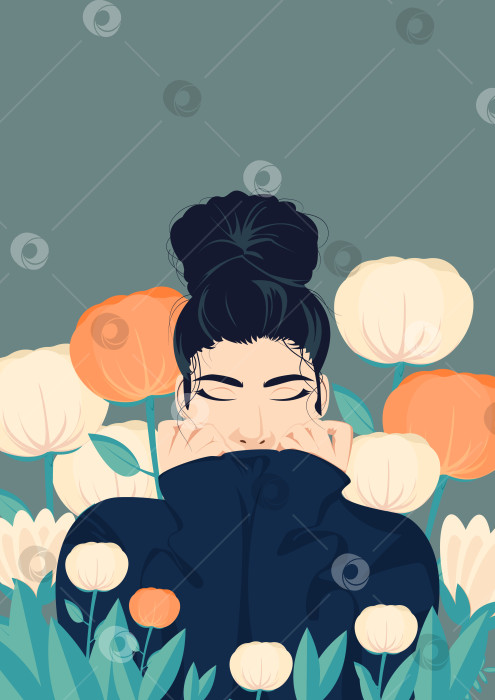 Скачать Баннер формата А4 с изображением девушки среди стилизованных цветов. Шаблон для плакатов, листовок, обложек, упаковки, открыток и т.д. фотосток Ozero