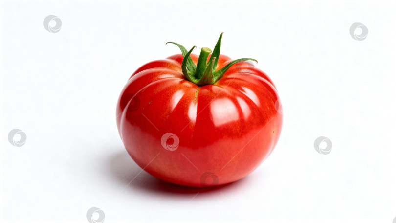 Скачать Спелый красный помидор с зелёным хвостиком на чисто - белом фоне, изолят. Вид сбоку, с глянцевой кожицей, свежий, сочный вид. фотосток Ozero