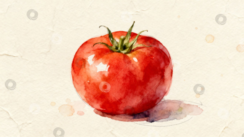 Скачать Спелый красный помидор с зеленым хвостиком, в акварели,в красном и зеленом цветах,с пробелом для копирования фотосток Ozero