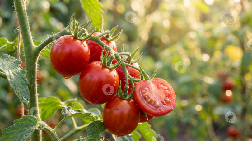 Скачать Спелые красные помидоры черри на зеленой ветке с сочным видом, растущие на грядке, на фоне размытых кустов с помидорами фотосток Ozero