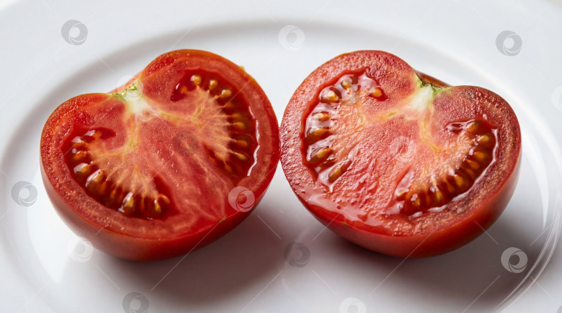 Скачать Две свежие дольки красного помидора на белой тарелке ,с сочной текстурой и семенами макросъемка,с пробелом для копирования фотосток Ozero
