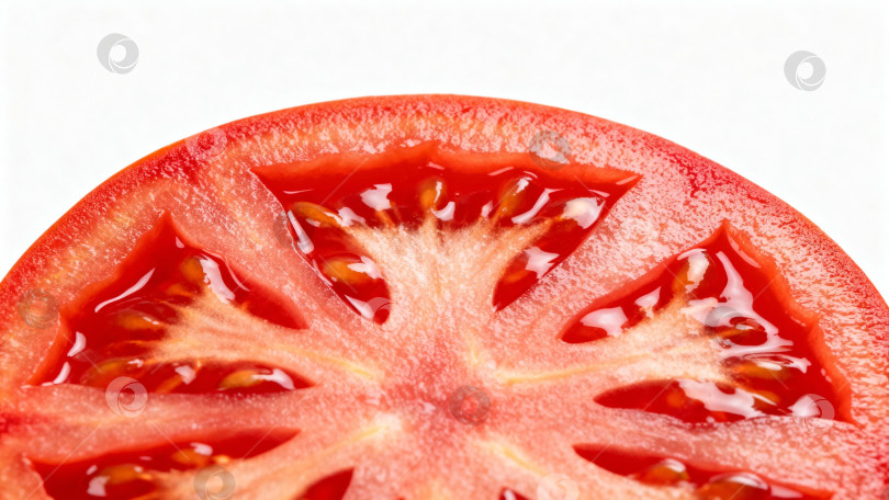 Скачать Срез спелого красного помидора с семенами в реалистичном стиле, показывает внутреннюю структуру и сочность, на белом фоне с пробелом для копирования] фотосток Ozero